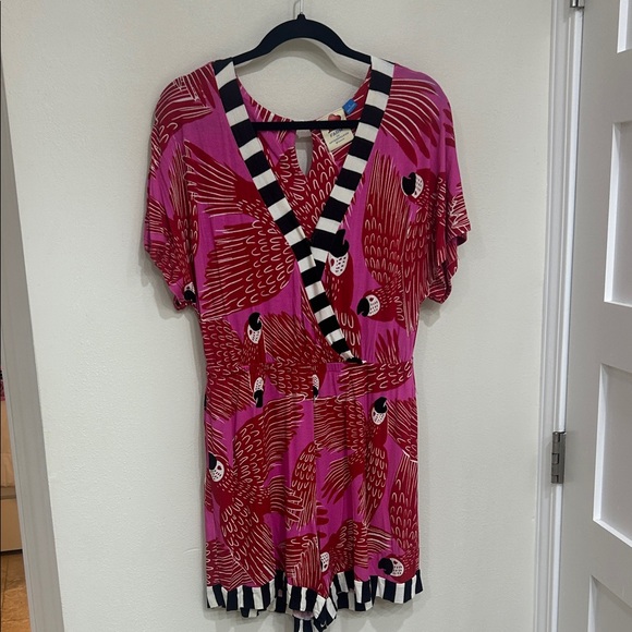Farm Rio Salma Pink and Red Parrot Print Romper - Picture 2 of 6